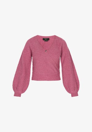 Suéter de envoltura rosa con mangas largas y abullonadas, y bajo acanalado. Hecho de un material suave y texturizado. Presenta un pequeño acento decorativo.