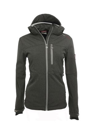 Veste extérieure grise avec capuche, fermeture éclair à l'avant, deux poches latérales et tissu texturé. Présente des zips et des poignets gris contrastés.
