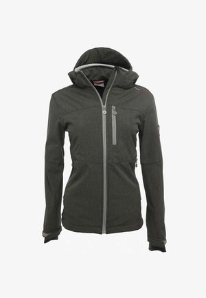 Veste extérieure grise avec capuche, fermeture éclair à l'avant, deux poches latérales et tissu texturé. Présente des zips et des poignets gris contrastés.