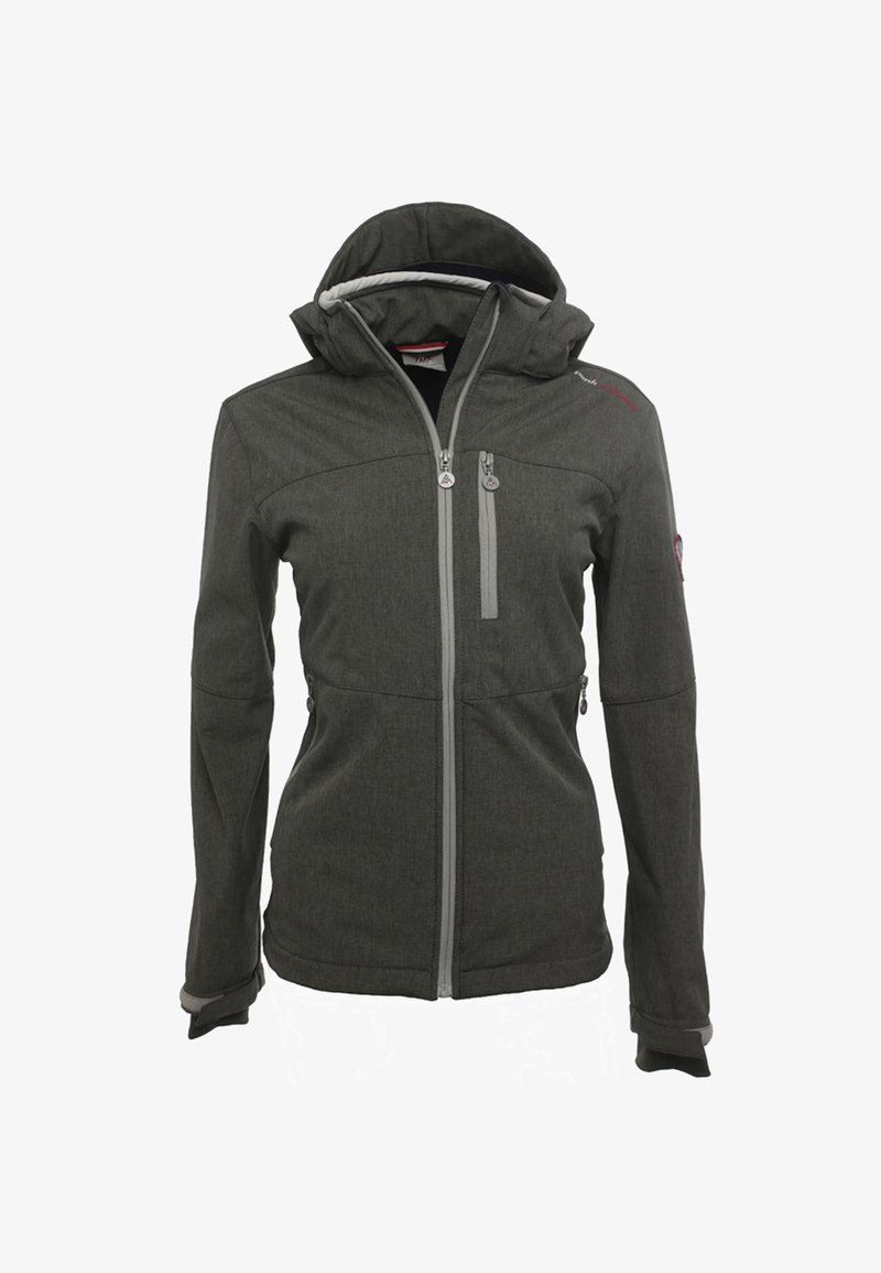 Veste extérieure grise avec capuche, fermeture éclair à l'avant, deux poches latérales et tissu texturé. Présente des zips et des poignets gris contrastés.