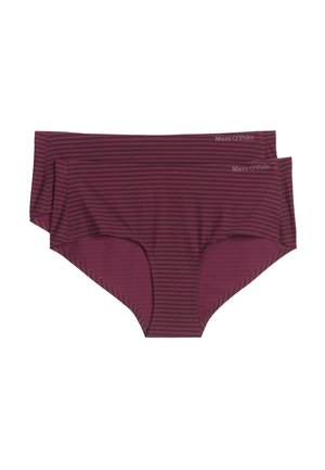 Lila gestreifte Bikiniunterteile aus weichem Stoff. Die Hose hat einen glatten Bund und kontrastierende dunkle und helle Streifen. Zwei Teile enthalten.