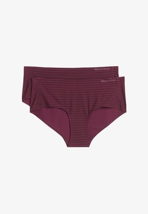 Fioletowe paskowane majtki bikini z miękkiego materiału. Posiadają gładką talię i kontrastowe ciemne oraz jasne paski. W komplecie znajdują się dwie części.