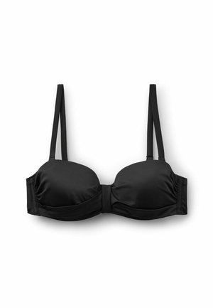 Schwarzer Bügel-BH mit vorgeformten Cups und verstellbaren doppelten Schulterträgern, entworfen für Halt und eine glatte Silhouette.