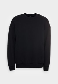 Black sweatshirt with a crew neckline, long sleeves, and ribbed cuffs. Features a smooth texture and simple design, without embellishments.