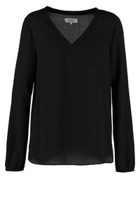 Blouse noire à manches longues avec col en V et poignets élastiques, tissu léger, étiquette de la marque Zalando visible à l'intérieur du col.