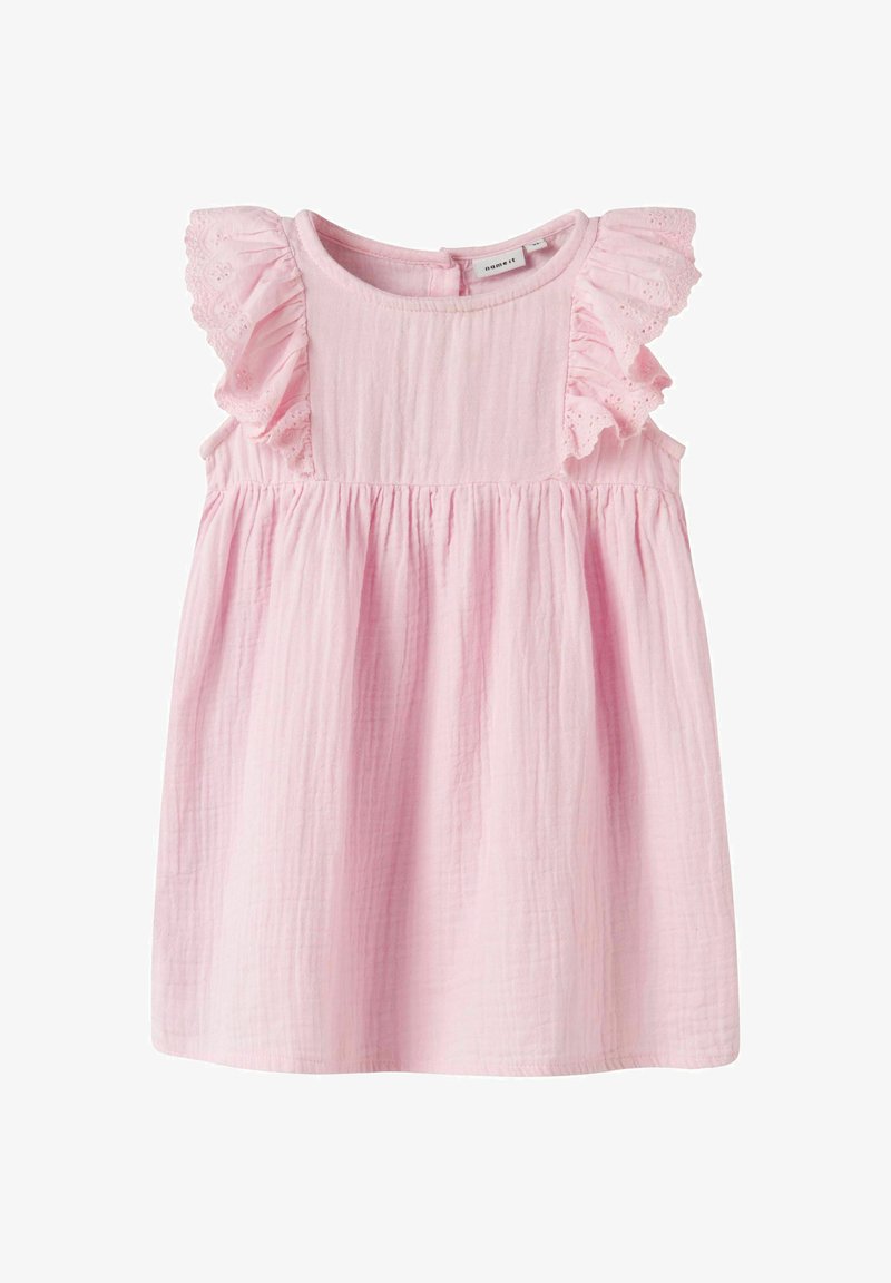 Helles pinkes Baumwollkleid mit Rüschensäumen, strukturiertem Stoff und gerafftem Taillenbereich. Verfügt über einen runden Halsausschnitt und eine Knopfleiste auf der Rückseite.