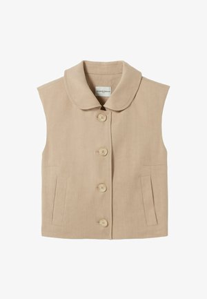Gilet beige sans manches avec boutons, col arrondi et deux poches avant, présenté à plat sur un fond blanc.