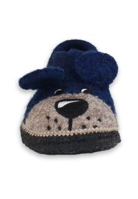 Marineblaue Wollschlappen mit einem Hundegesicht-Design. Besitzt eine braune Schnauze und eine schwarze Sohle. Strukturiert Ohren und einfach gestickte Augen.