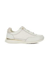 White leather sneakers with quilted texture, gold-accented midsole, and light suede back. Features lace-up closure and soft lining.