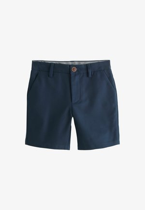 Tengerészkék rövidnadrág sima anyagból; két oldalzsebbel, egy gombos záródással és csíkos derékrésszel.