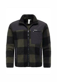 Giacca in pile con motivo a scacchi verde e nero, parte superiore in nylon nero, chiusura a zip completa e tasca sul petto con zip.