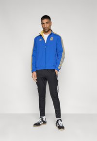 Blue zip-up jacket with gold accents, featuring three stripes on sleeves and logo; paired with black tapered sweatpants and black sneakers.