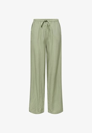 Luźne, jasnozielone spodnie z elastycznym pasem i regulowanym sznurkiem, wykonane z miękkiego, teksturowanego materiału.