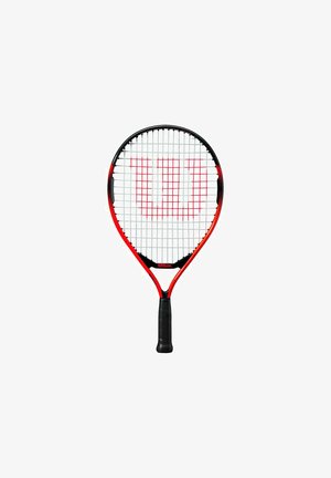 Wilson tennis racket with a black and red frame, grid-patterned strings, and a textured black handle. Features a prominent Wilson logo.
