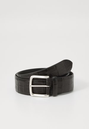 Black leather belt with a textured, crocodile pattern, featuring a shiny silver rectangular buckle and a smooth, rounded tip.