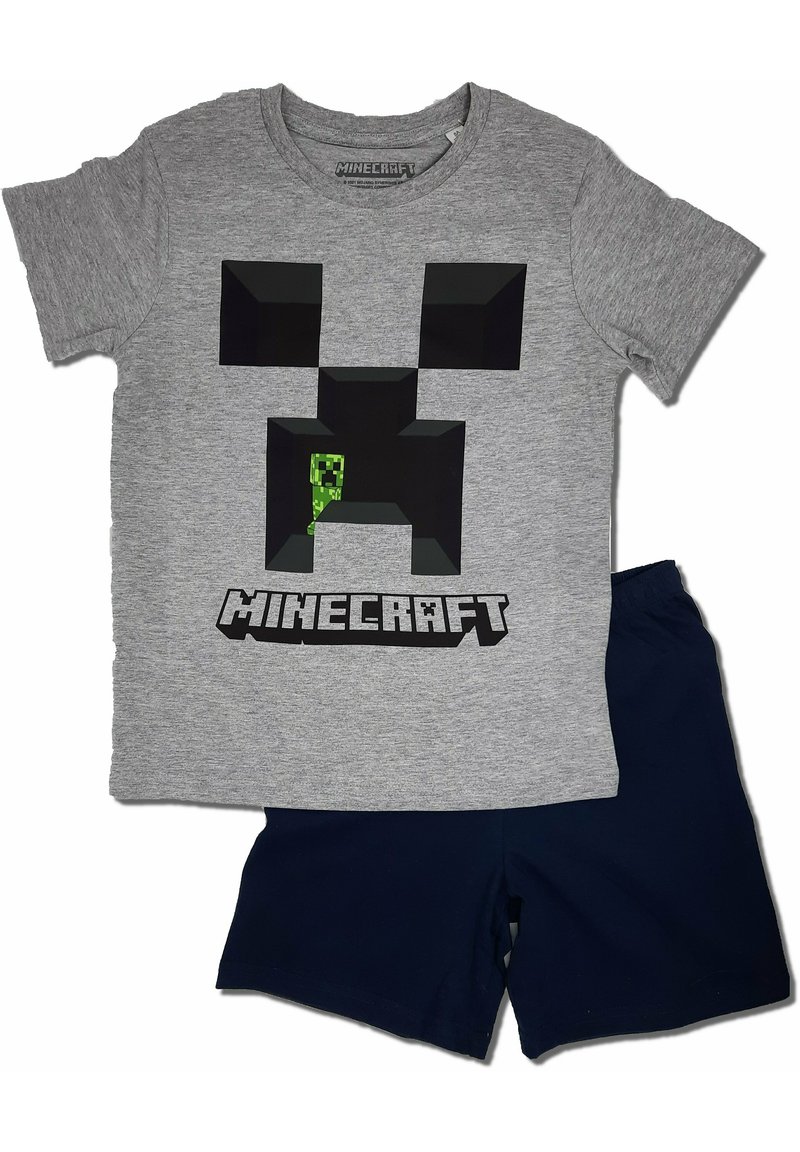 Gray cotton t-shirt with black pixelated creeper graphic and "MINECRAFT" text; paired with navy blue shorts.