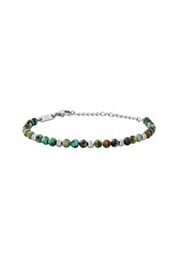 Pulsera con cuentas redondas en tonos verde, azul y marrón, intercaladas con acentos plateados, asegurada con un cierre de langosta y una extensión de cadena.