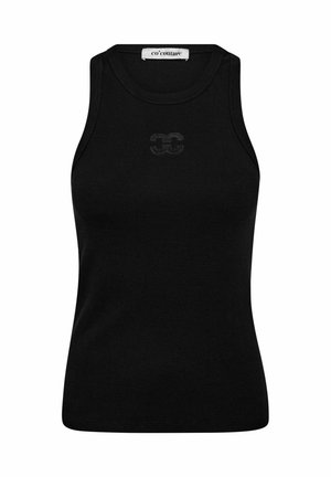 Juodas be rankovių viršus, pagamintas iš kreminės medžiagos. Savybės apvalus iškirpimas ir subtili logotipas centre. Paprastas, prigludęs dizainas.