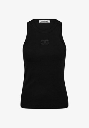 Juodas be rankovių viršus, pagamintas iš kreminės medžiagos. Savybės apvalus iškirpimas ir subtili logotipas centre. Paprastas, prigludęs dizainas.