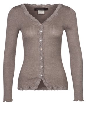 Langærmet taupe ribbet cardigan med bølget blonder trim langs V-udskæring, knapper foran, manchetter og kant.