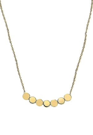 Złoty naszyjnik z siedmioma małymi, płaskimi, okrągłymi dyskami równomiernie rozmieszczonymi na delikatnym łańcuszku.