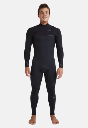 Zwarte wetsuit van neopreen, met lange mouwen, een hoge kraag en versterkte kniepaneletjes, voorzien van platte naden voor comfort.