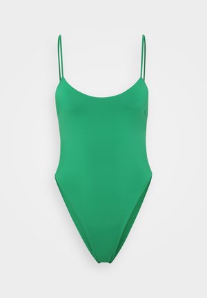Maillot de bain une pièce vert avec des bretelles fines, un design à jambe haute, une texture lisse et un décolleté simple.