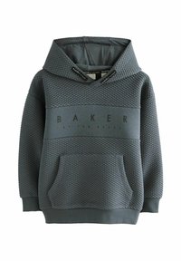 Hanorac matlasat gri închis cu buzunar frontal tip marsupiu și inscripția "BAKER BY TED BAKER" tipărită pe piept.