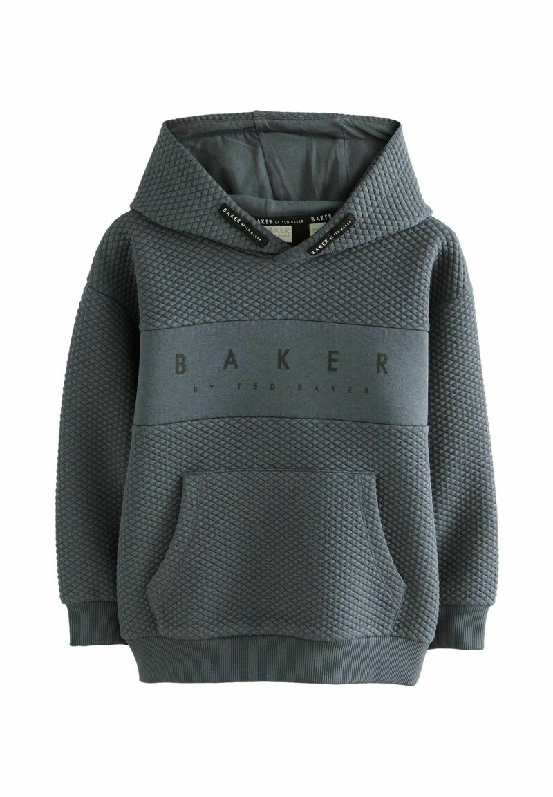 Hanorac matlasat gri închis cu buzunar frontal tip marsupiu și inscripția "BAKER BY TED BAKER" tipărită pe piept.