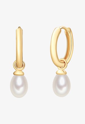 Kuldse rõngaskõrvarõngad, millel on ümmargune, sile pärlilahendus. Kulda on poleeritud viimistlus ja kõrvarõngad omavad sujuvat, kaasaegset kujundust.