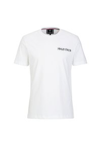 Witte katoenen t-shirt met ronde hals, korte mouwen en een zwarte opdruk met de tekst "1969 ITALIA" aan de voorkant. Gladde textuur, casual ontwerp.