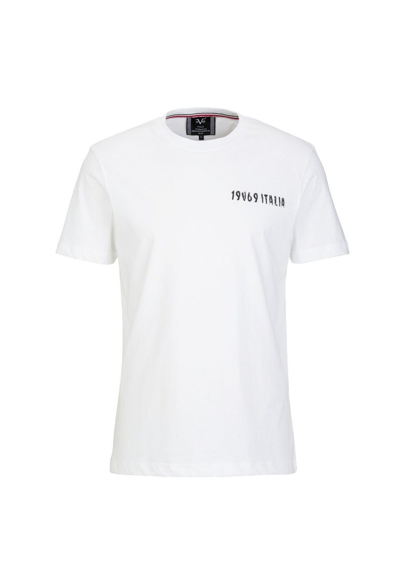 Witte katoenen t-shirt met ronde hals, korte mouwen en een zwarte opdruk met de tekst "1969 ITALIA" aan de voorkant. Gladde textuur, casual ontwerp.