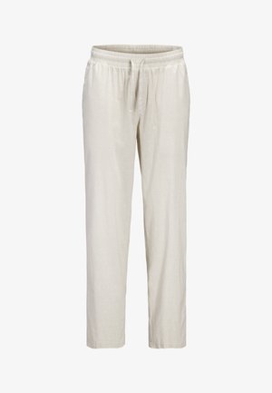 Beige gerade geschnittene Hose mit elastischem Bund und verstellbarem Kordelzug, gefertigt aus leichtem Stoff.