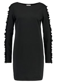 Robe noire à manches longues avec des détails en volants courant le long des deux manches, dotée d'un col rond et d'une coupe droite.