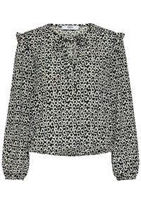 Blusa floreale in bianco e nero, con colletto legato, spalle frill, maniche lunghe con polsini elasticizzati e vestibilità ampia.