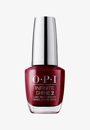 Vernis à ongles O.P.I Infinite Shine 2 longue tenue en rouge profond avec des reflets argentés et un capuchon métallique argenté.
