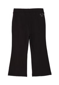 Pantaloni neri a gamba larga con cintura elasticizzata e piccolo dettaglio a forma di cuore in strass sul lato destro superiore.