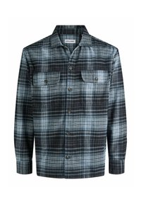 Camisa de cuadros en negro y gris con dos bolsillos en el pecho, cierre de botones y cuello ancho. Confeccionada en tela texturizada con patrones de rayas variados.