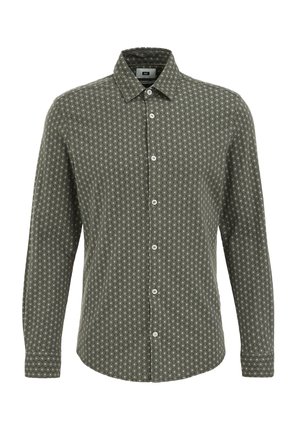 Green button-up shirt with a repeating white and blue pattern, made of fabric with a smooth texture, featuring a pointed collar and long sleeves.