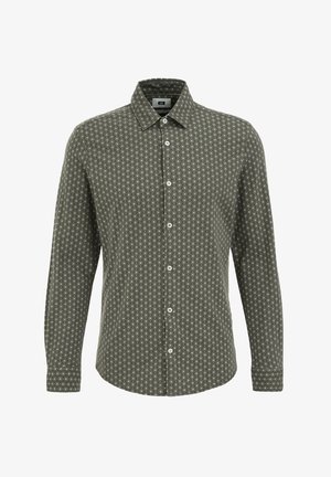 Zöld gombos ing, ismétlődő fehér és kék mintázattal, sima textúrájú anyagból készült, hegyes gallérral és hosszú ujjal.