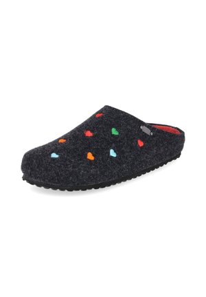 Donkergrijze vilten pantoffel met kleine kleurrijke hartvormen en een zwarte rubberen zool, open achterkant en rode voering.