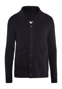 Cardigan nero a coste con colletto a scialle, chiusura frontale con bottoni e due tasche anteriori. Realizzato in tessuto testurizzato.