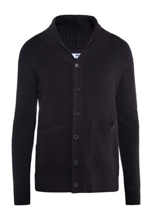 Schwarzer gerippter Cardigan mit einem Schalkragen, Knopfleiste vorne und zwei Fronttaschen. Aus strukturiertem Stoff gefertigt.