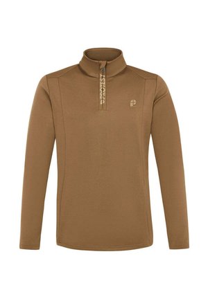 Bruine rits-fleece pullover met lange mouwen, elastische manchetten, een hoge kraag en een klein logo op de borst. Glad textuur, aangesloten ontwerp.