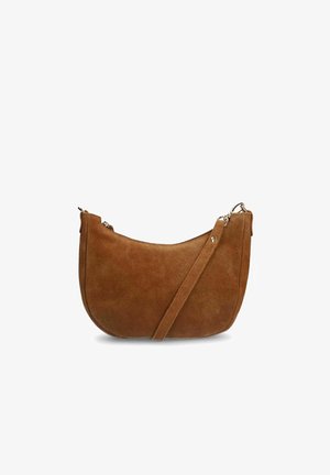 Brown suede crossbody bag with a curved shape, zipper closure, and a long, adjustable strap. Features minimal hardware.
