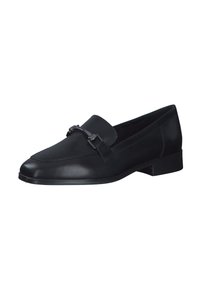 Musta nahkakengät loafermalli, jossa on pyöristetty kärki ja litteä korko. Edessä metallinen koristeellinen solki ja koristeompeleet reunoilla.