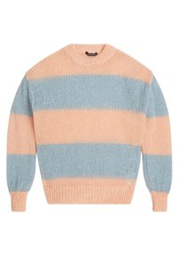 Maglione lavorato a maglia con strisce rosa e blu, caratterizzato da un colletto rotondo, maniche lunghe e accenti di brillantezza sottili su tutto il tessuto.