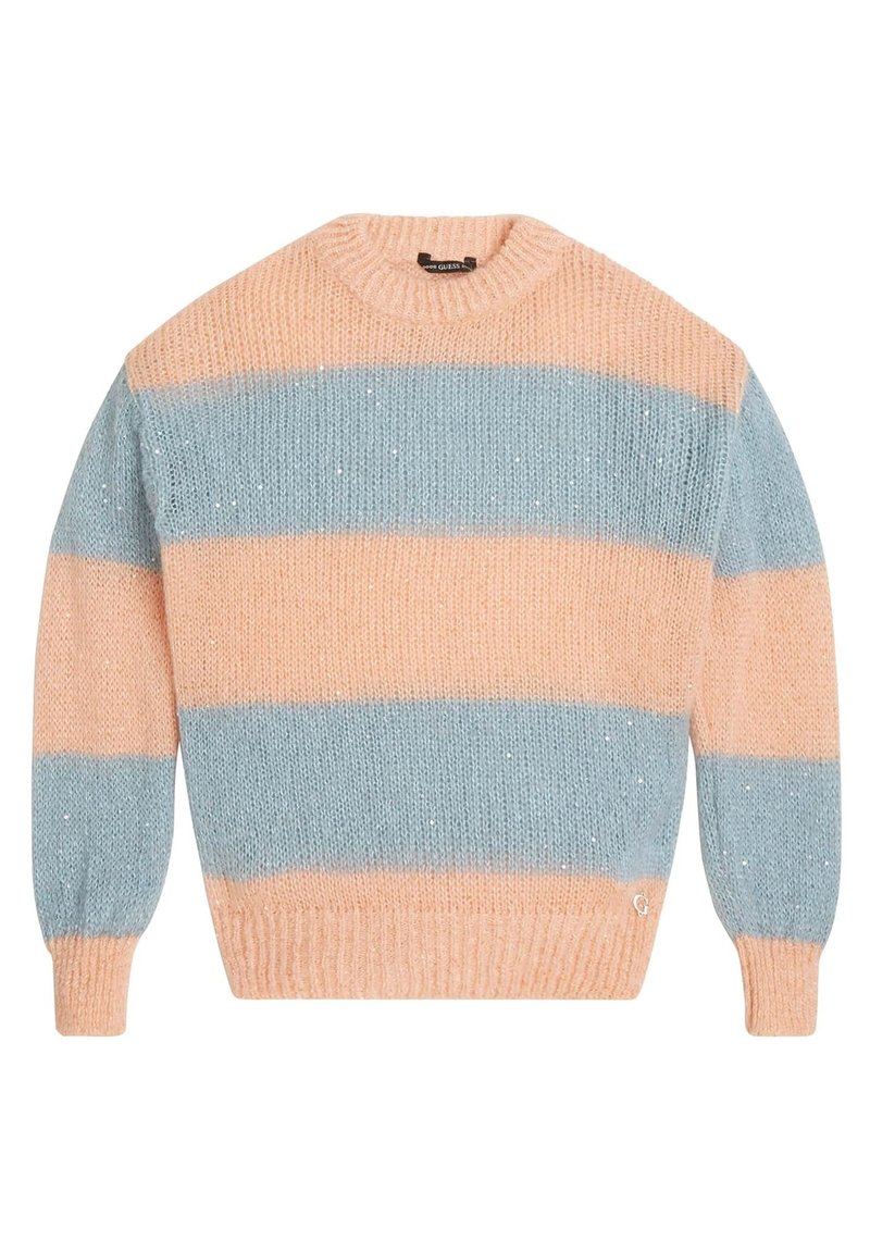 Maglione lavorato a maglia con strisce rosa e blu, caratterizzato da un colletto rotondo, maniche lunghe e accenti di brillantezza sottili su tutto il tessuto.