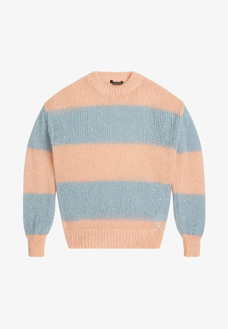 Maglione lavorato a maglia con strisce rosa e blu, caratterizzato da un colletto rotondo, maniche lunghe e accenti di brillantezza sottili su tutto il tessuto.