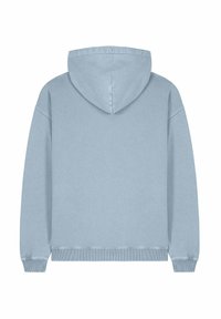 Felpa blu chiaro realizzata in tessuto morbido, dotata di cappuccio, polsini a coste e orlo. Il retro è semplice, senza dettagli aggiuntivi.